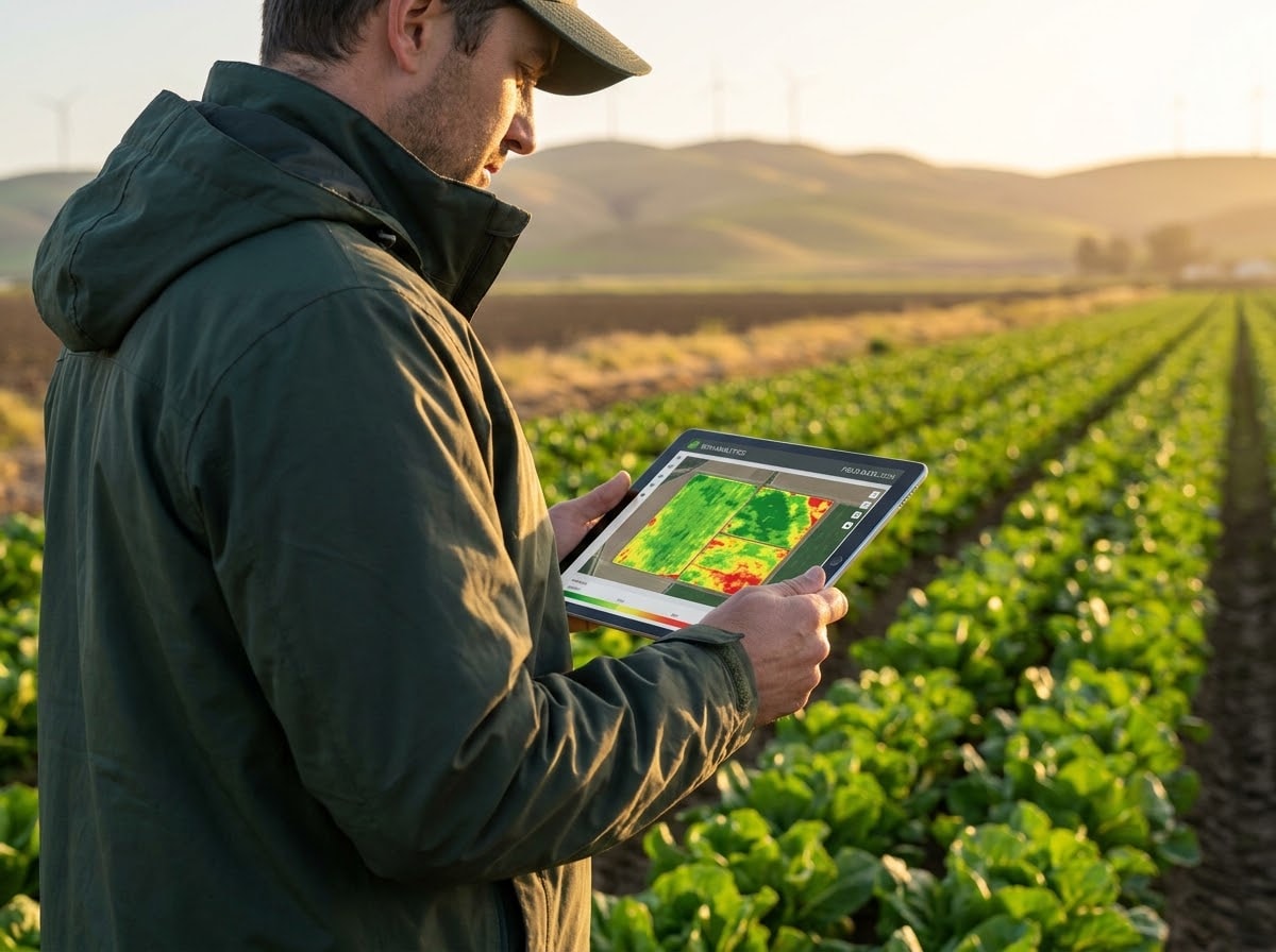 Agronomist with tablet inspecting multispectral crop data