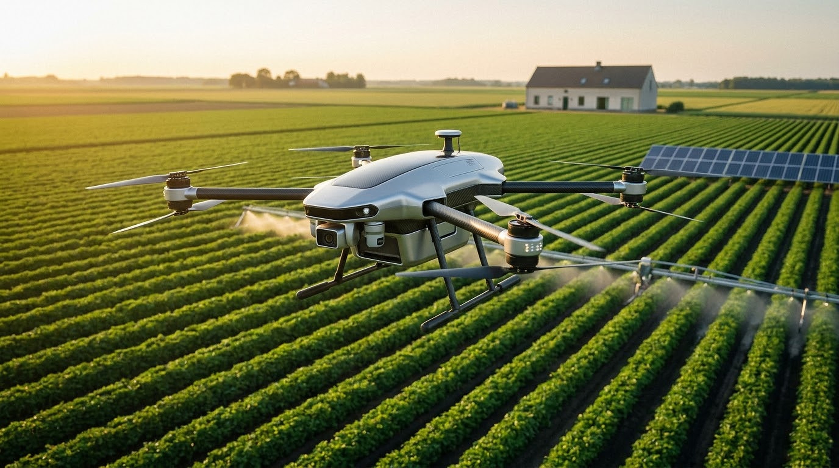 Autonomous agricultural drone over lush fields
